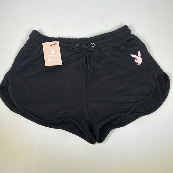 NWT Playboy x Misguided Lounge Runner Shorts in Black/Pink - Picture 2 of 4